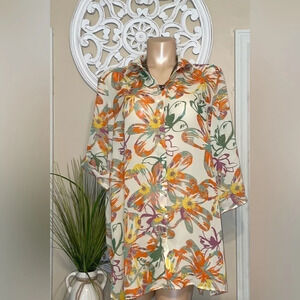 Peck & Peck womens blouse XL shirt sheer floral tunic cream 3/4 sleeve floral
